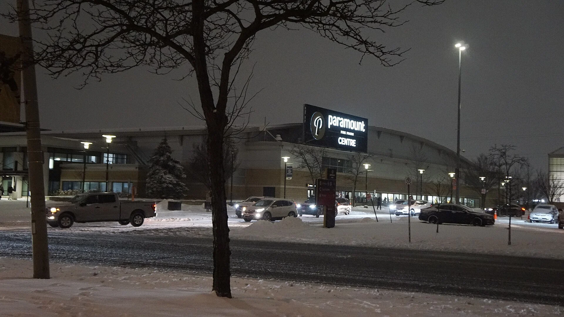 The Mississauga arena at night, photographed when it carried its former Paramount Fine Foods Centre name.