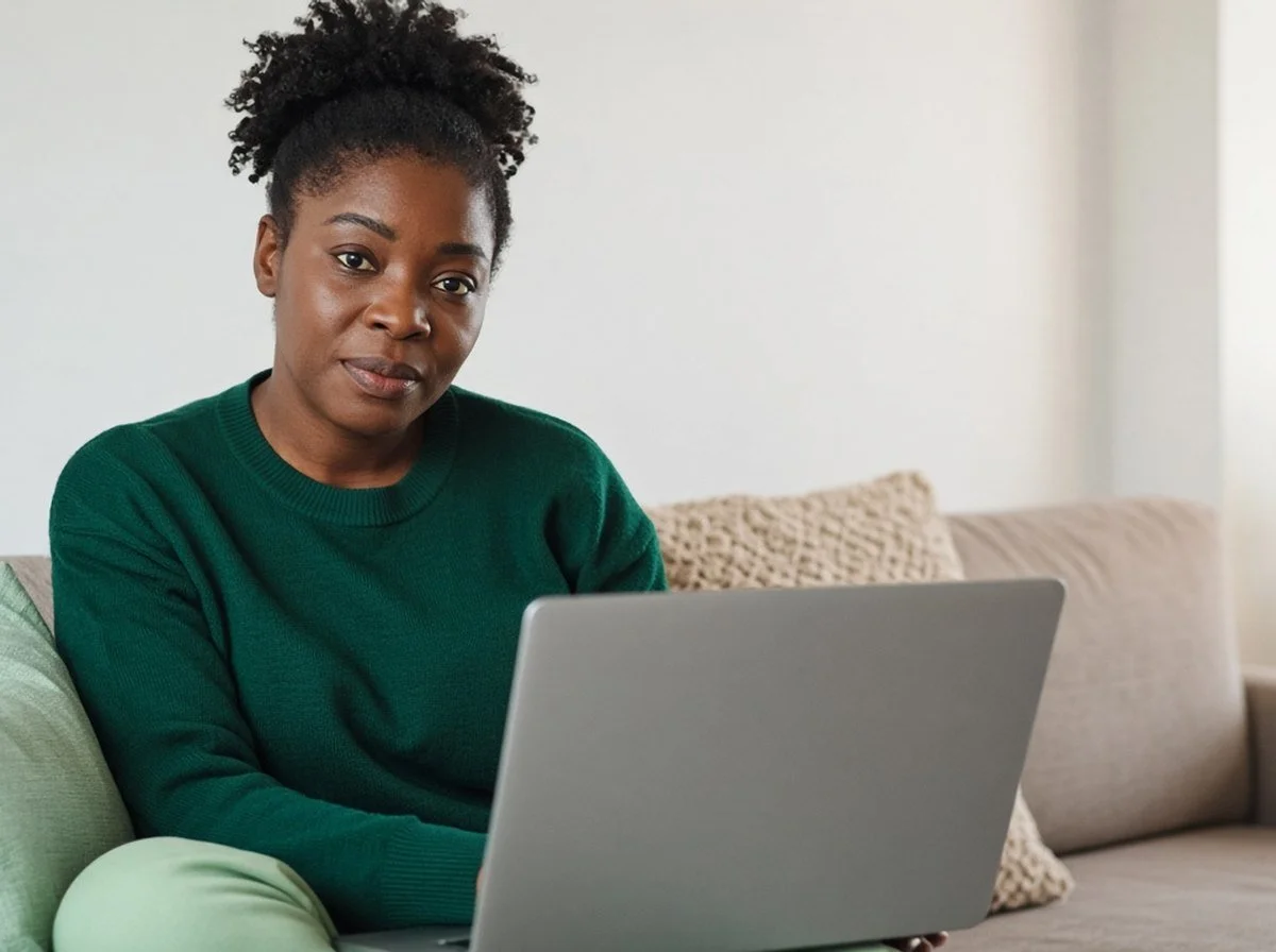 Woman on a couch reading on a laptop