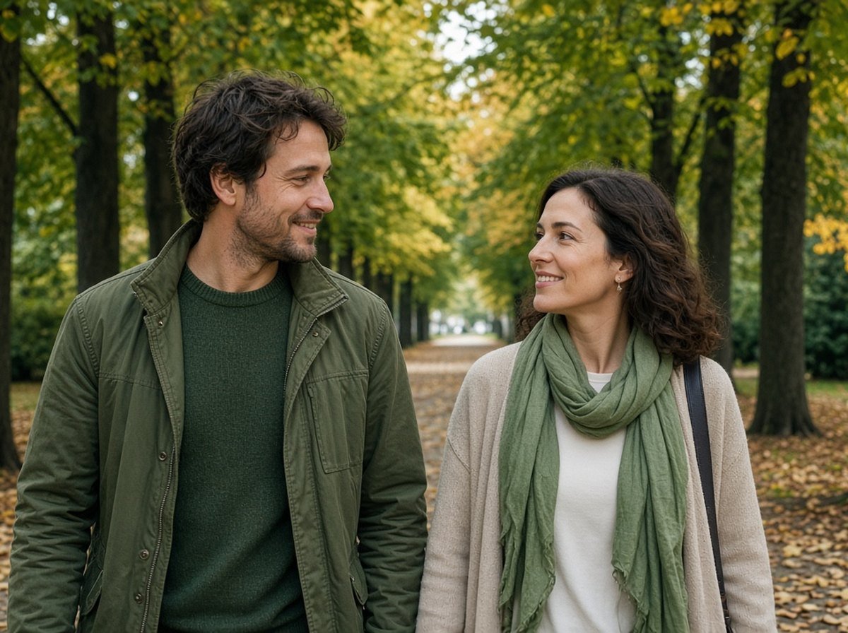 Two friends walking along a tree-lined path in autumn afternoon light