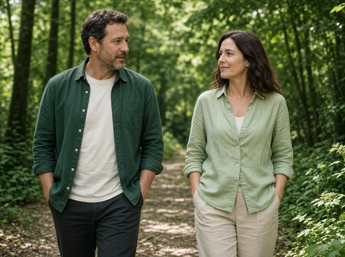 Two adults talking as they walk on a green forest path