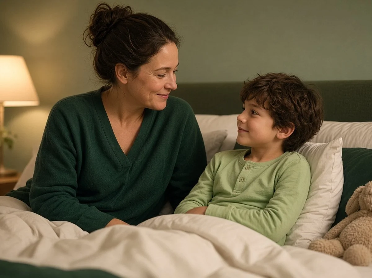 A parent and young child talking calmly on a bed at bedtime