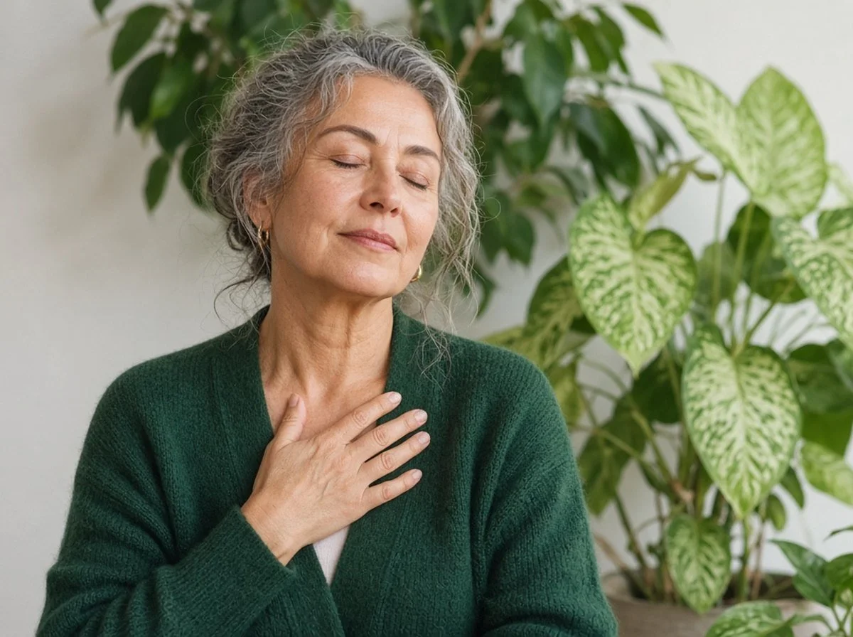 Older woman with her hand on her chest and eyes closed