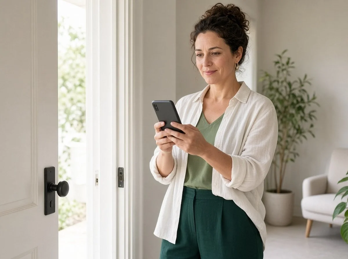 An adult at an open front door on a video call with a therapist
