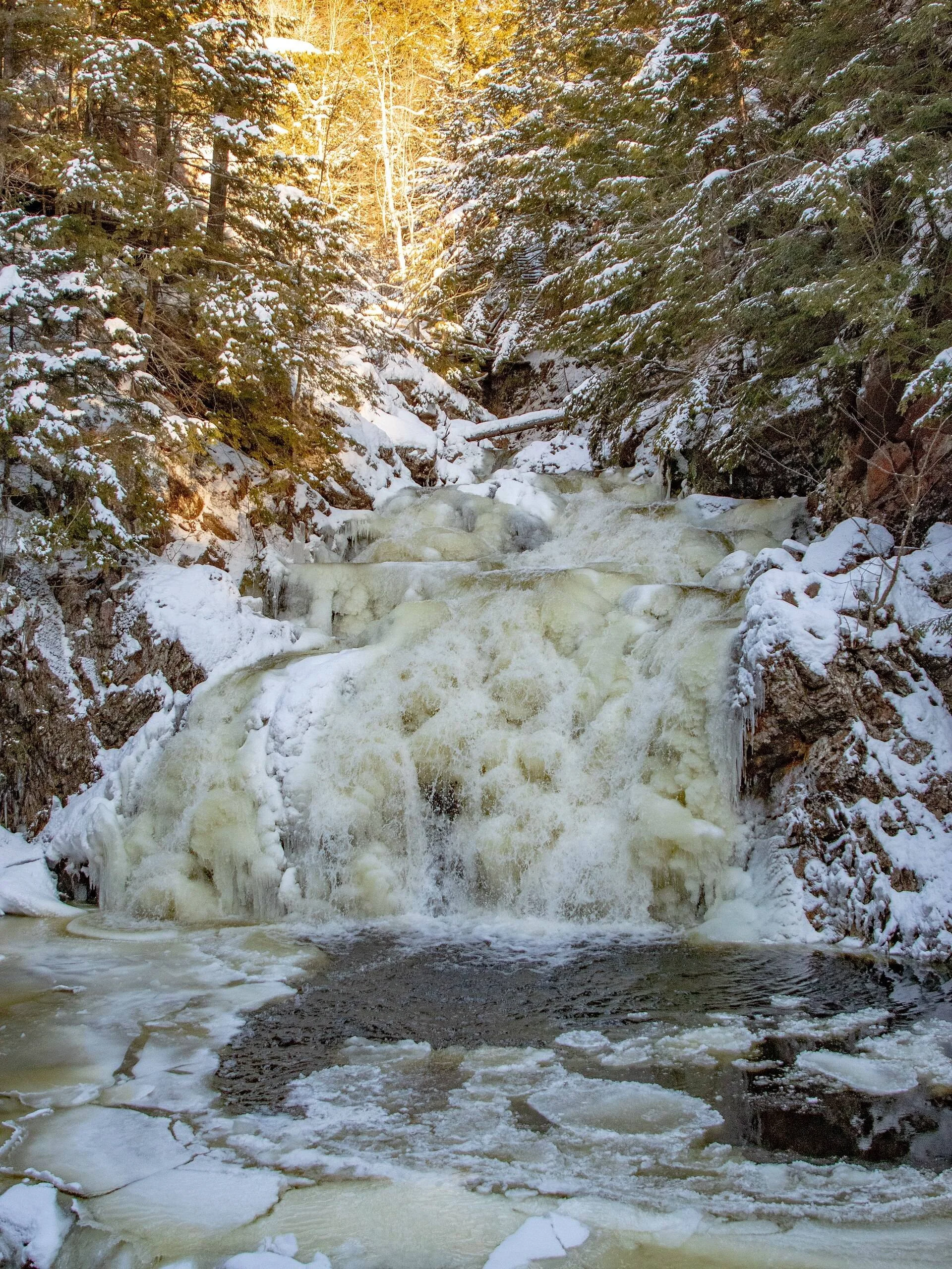 Joe Howe Falls tumbling over rocks between snowy evergreens in Victoria Park, Truro.