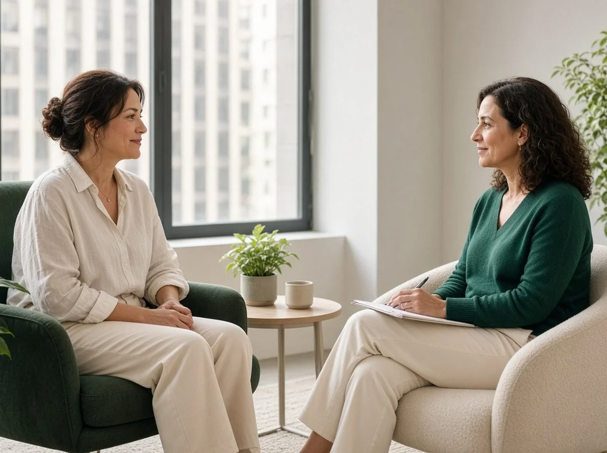 An adult talking with a therapist in a bright downtown office