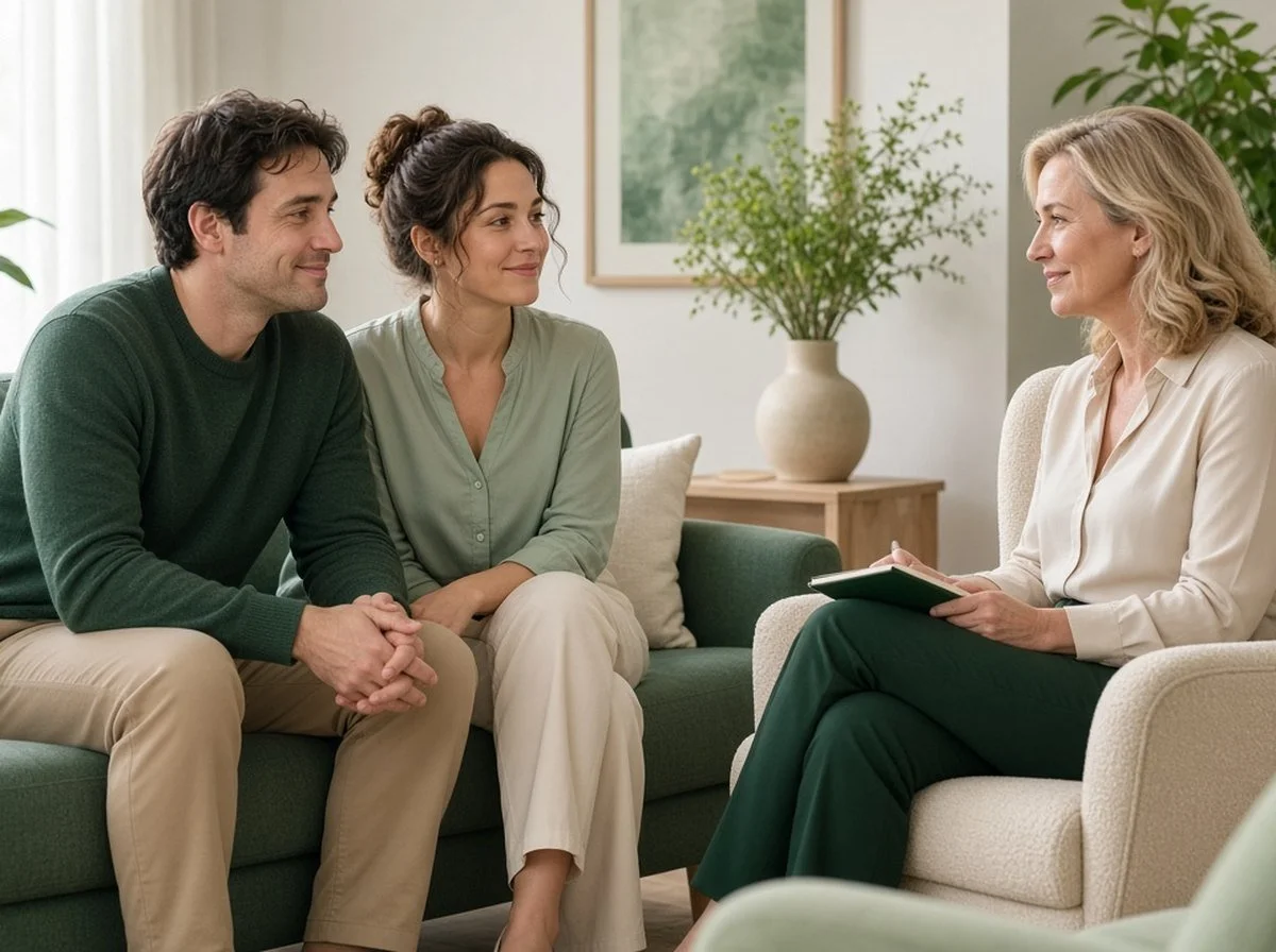 New parents talking with a therapist in a calm counselling room