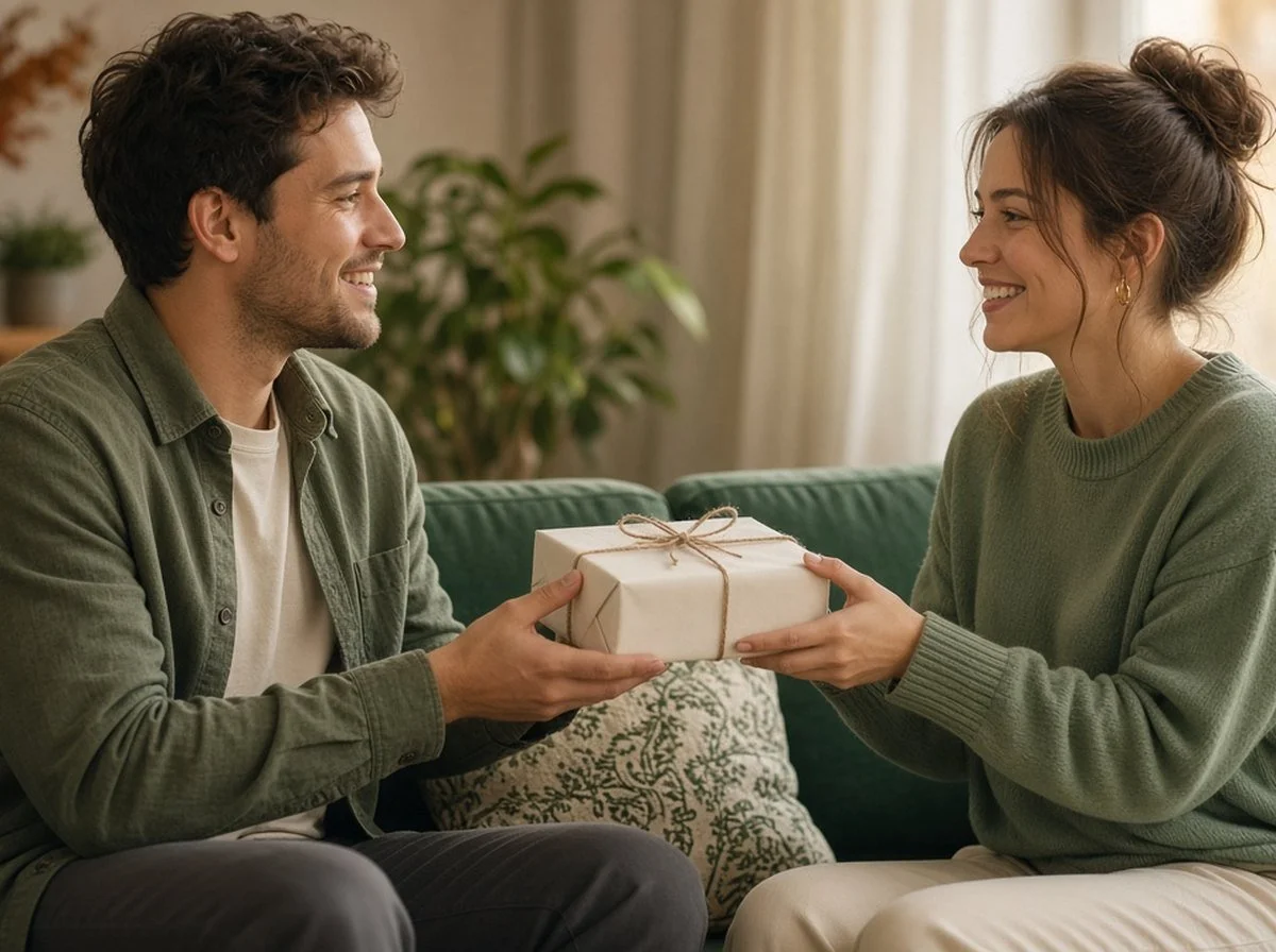 Two friends exchanging a simply wrapped gift on a sofa