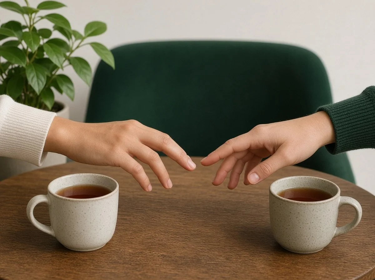 Two partners reaching for each other's hands across a table.