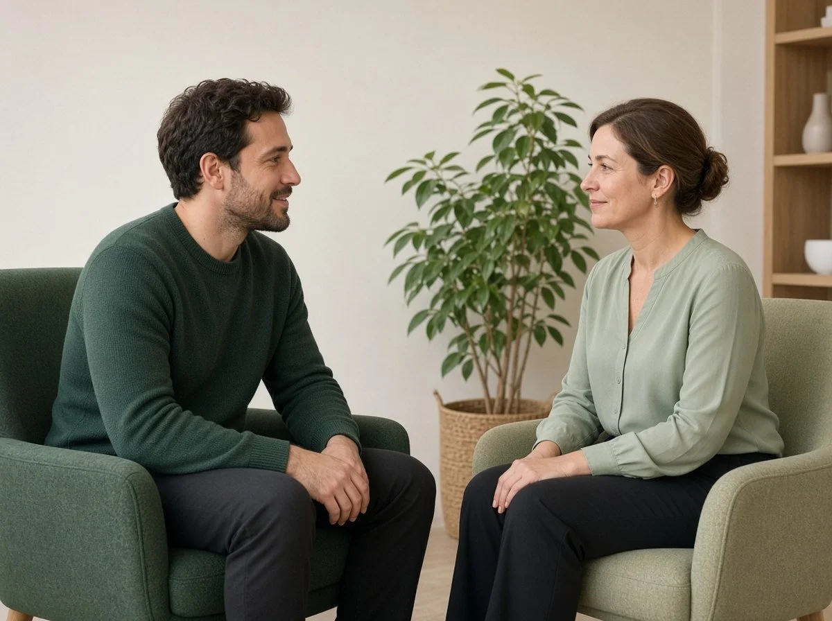 Teacher talking with a therapist about burnout in a bright office