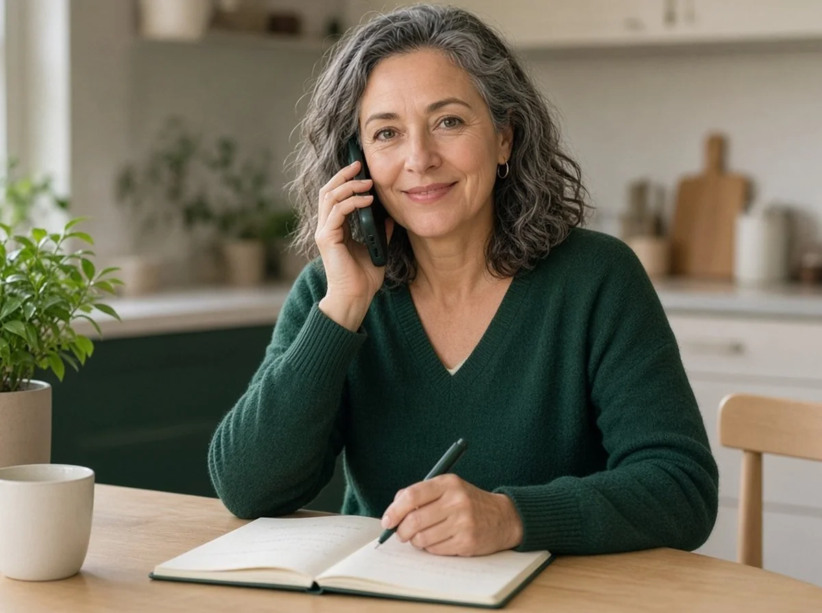 A woman on a phone call at home with a notepad, asking questions before booking