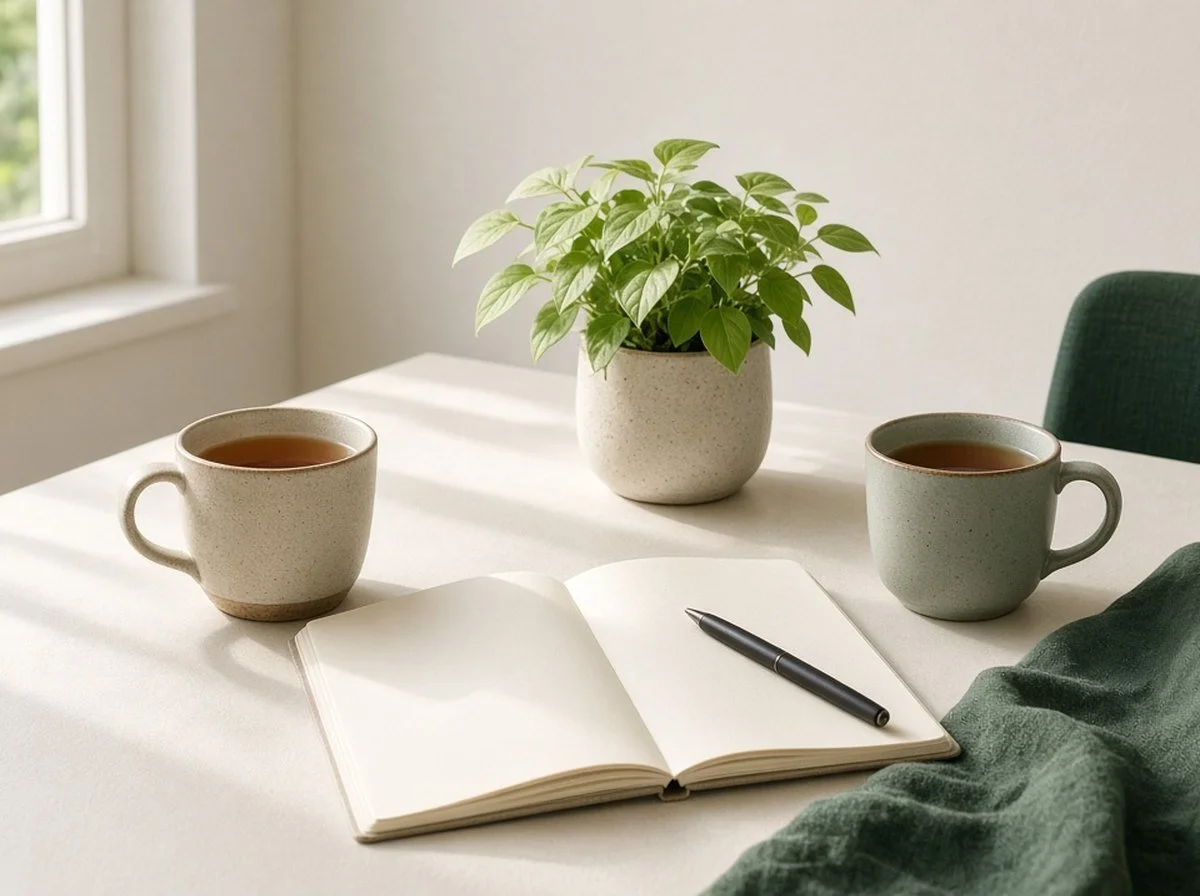 Two mugs of tea on a kitchen table with a notebook and pen, ready for a talk