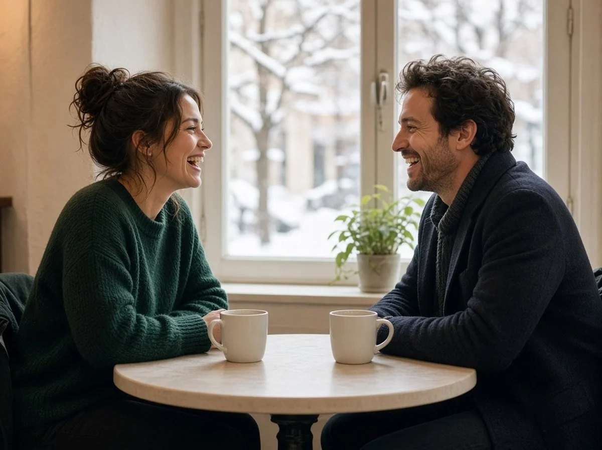 Two friends talking over coffee at a café table on a snowy winter afternoon