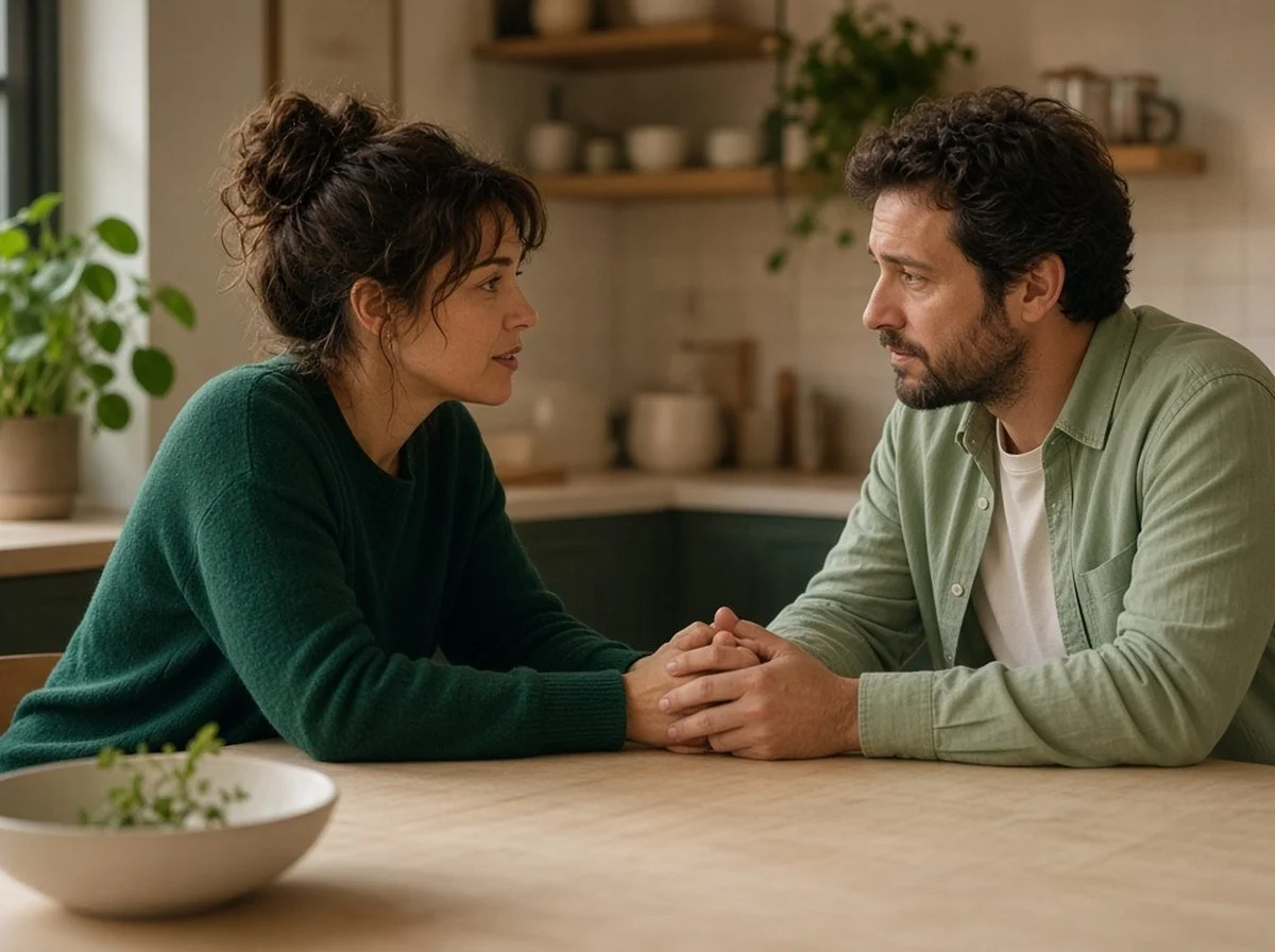 Two partners holding hands at a kitchen table, one listening with a supportive look