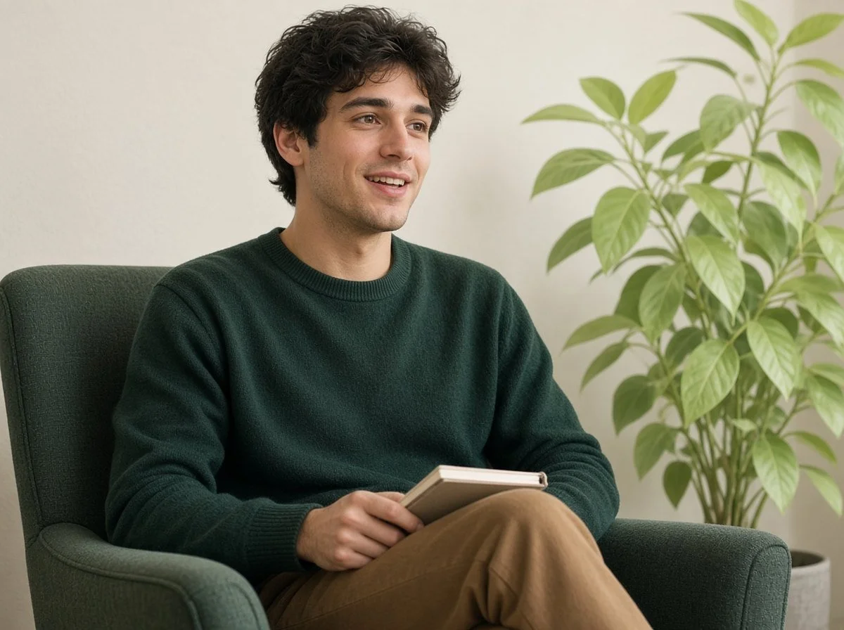 Young man with a notebook talking openly in a counselling session