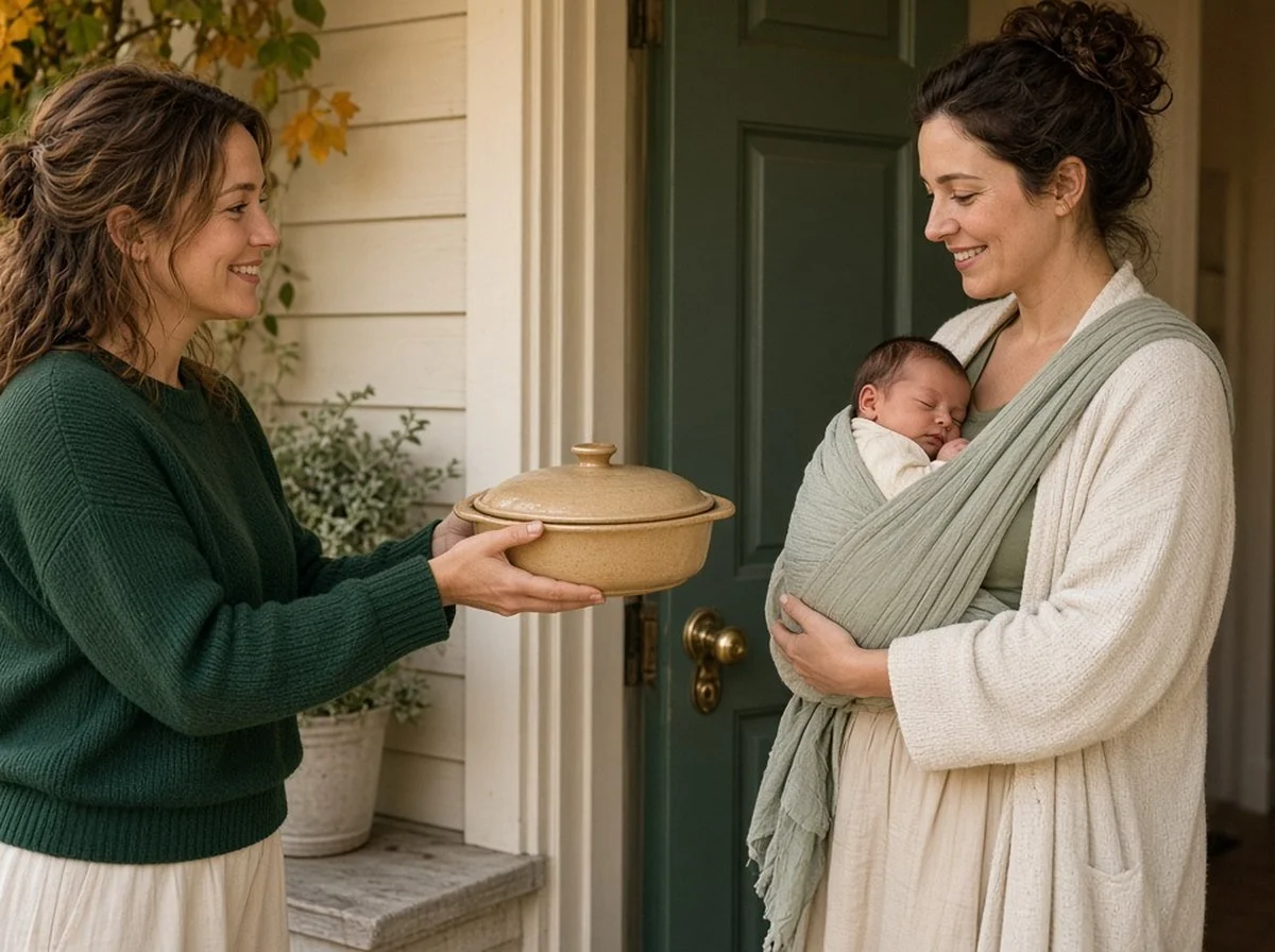A friend dropping off a homemade meal to a new mother holding her baby