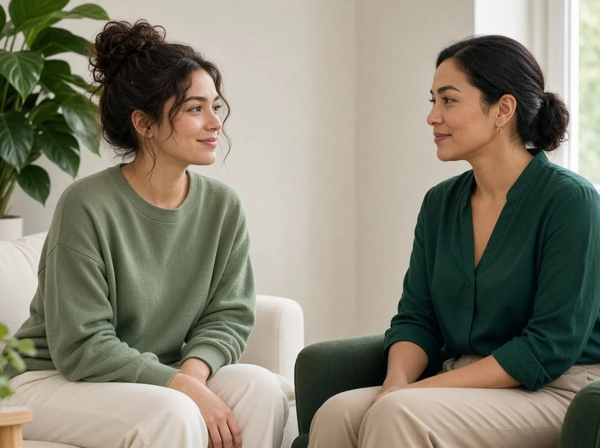A young adult talking with a counsellor in a calm room