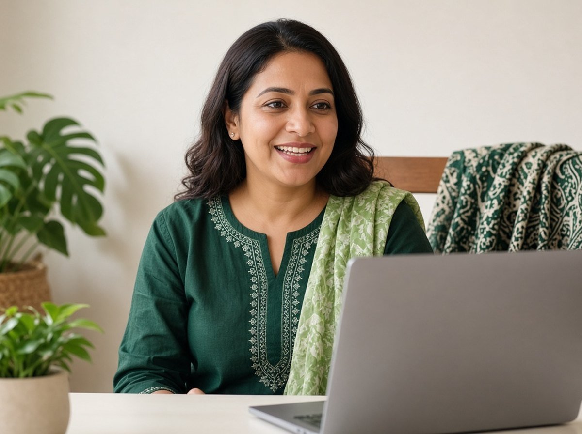 South Asian woman smiling during a video session at her desk at home