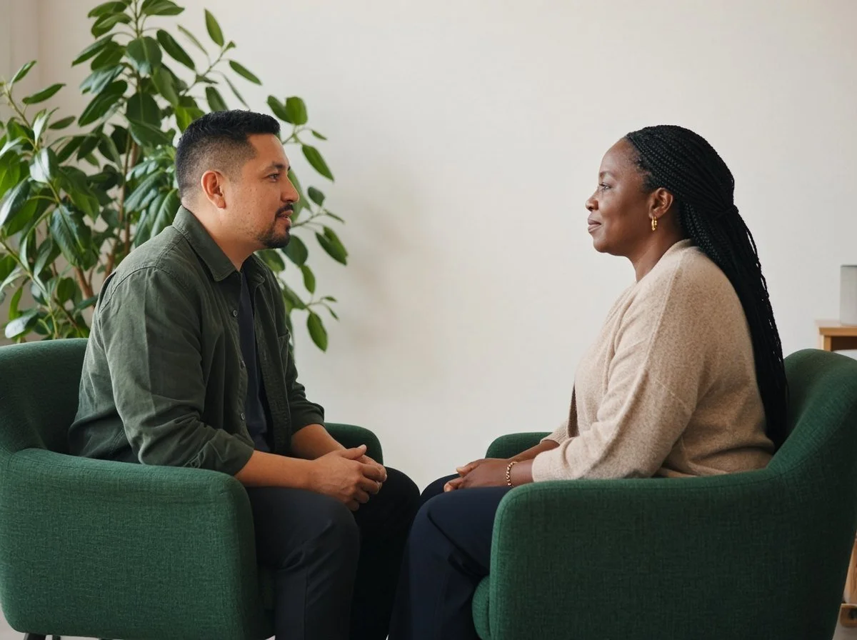 Man in his thirties talking with a therapist