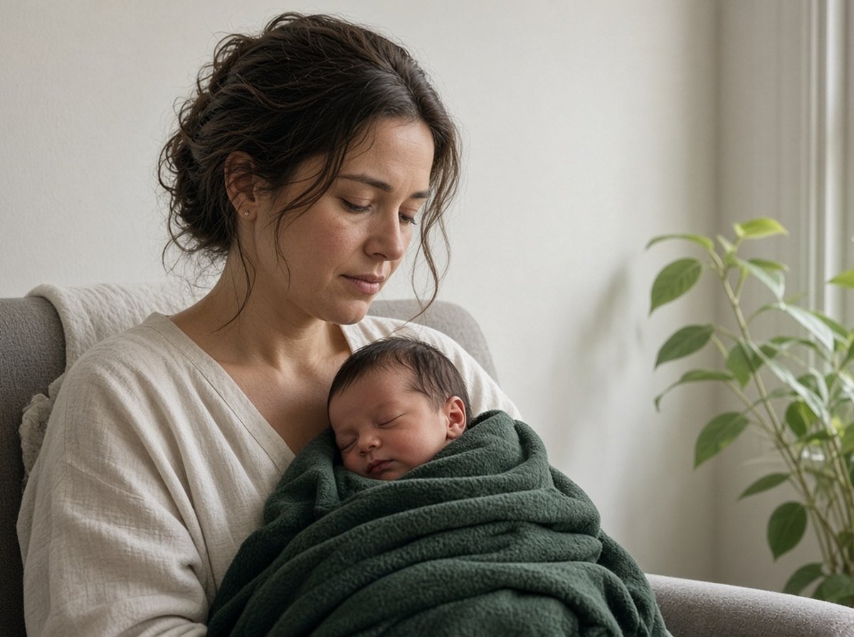 Mother holding a sleeping newborn wrapped in a green blanket