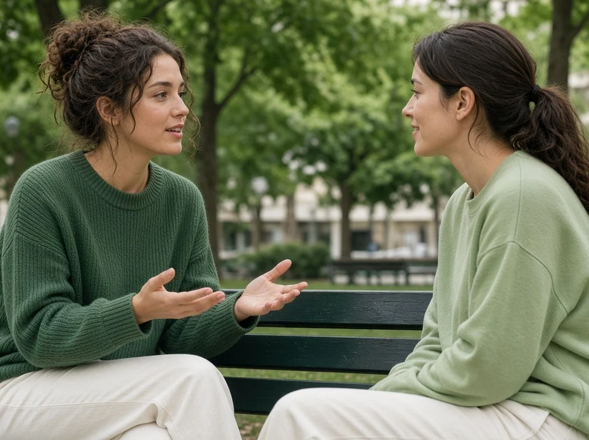 Two young adults talking openly in a park