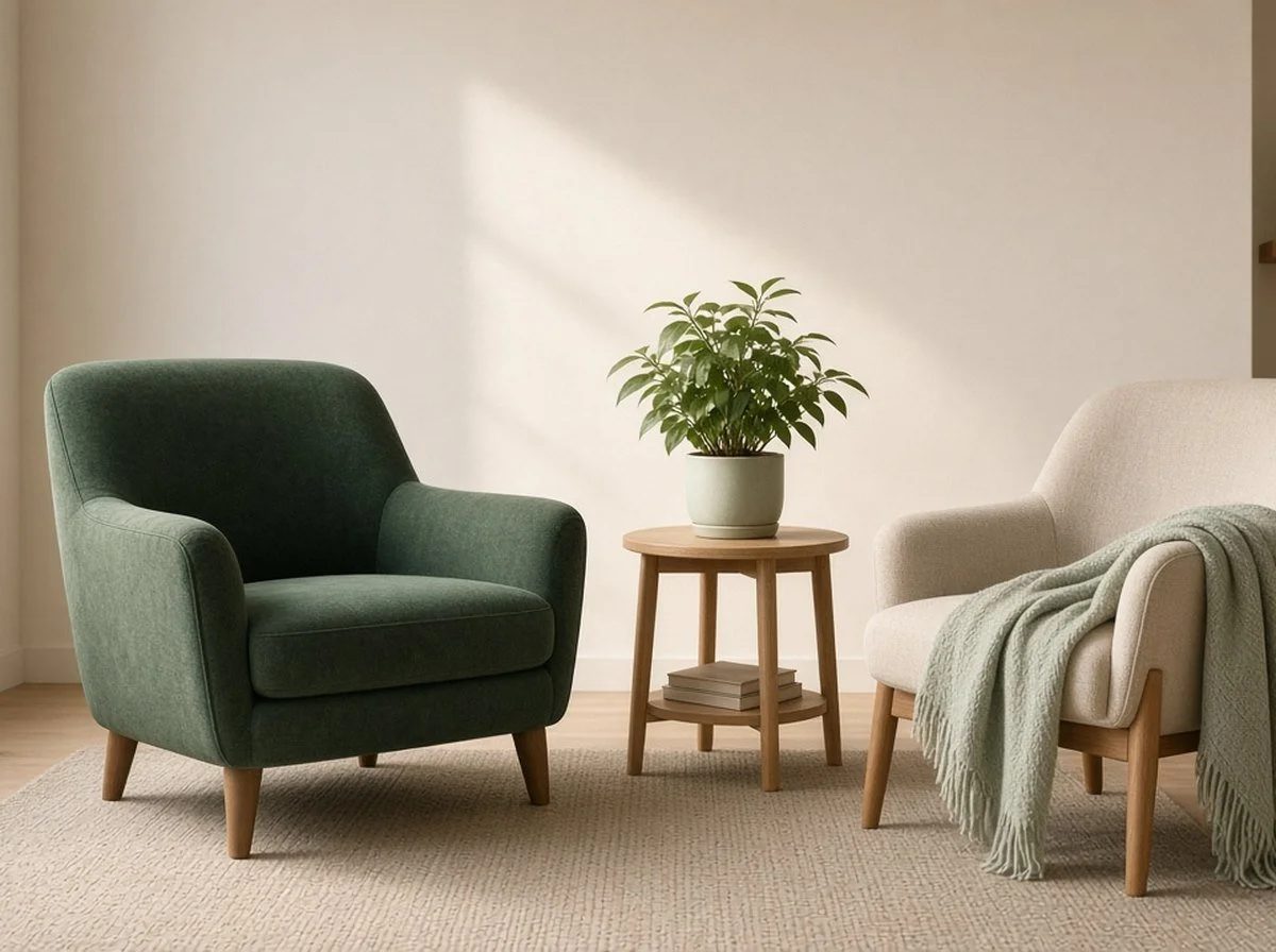 a calm counselling room ready for a childhood trauma therapy session