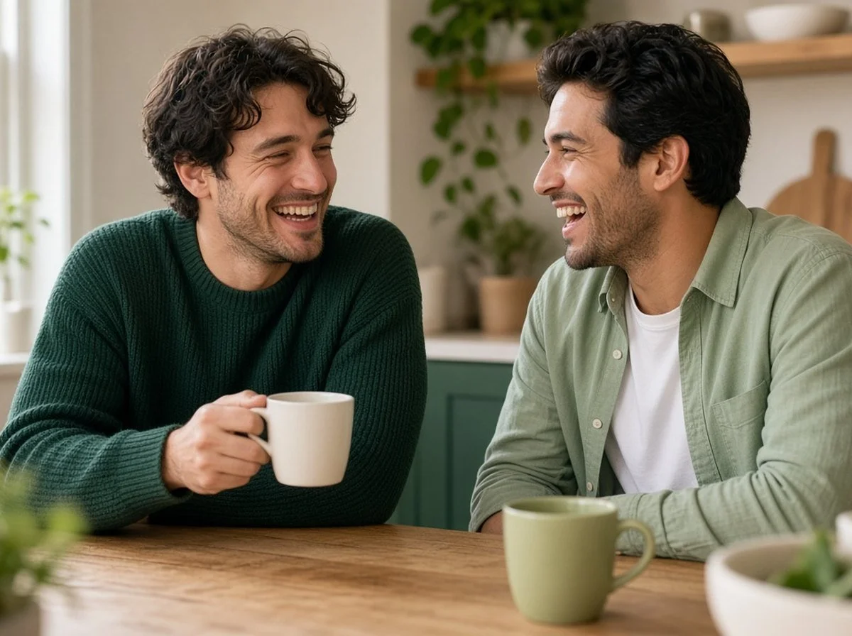 Two friends laughing together over coffee