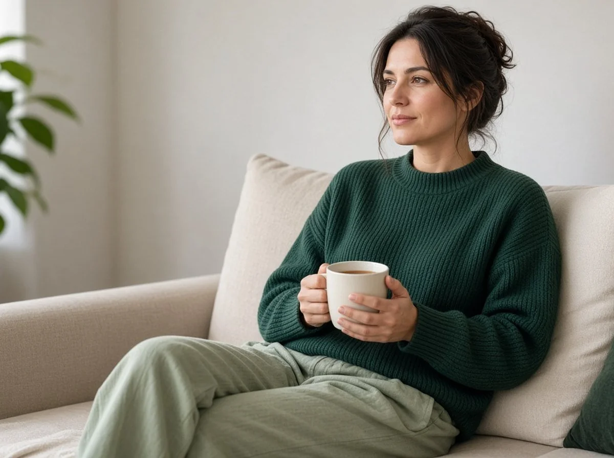 An adult relaxing at home with a cup of tea