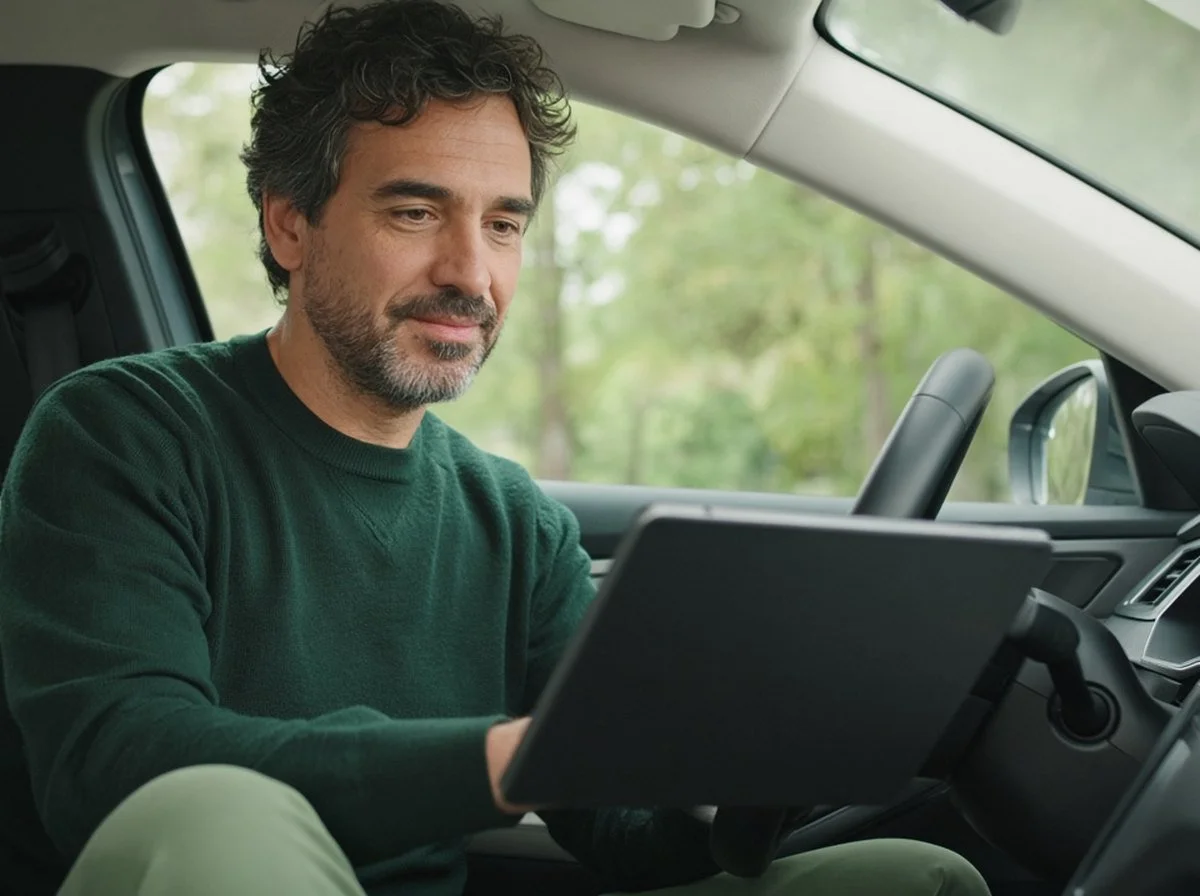 A man in a parked car during an online counselling session