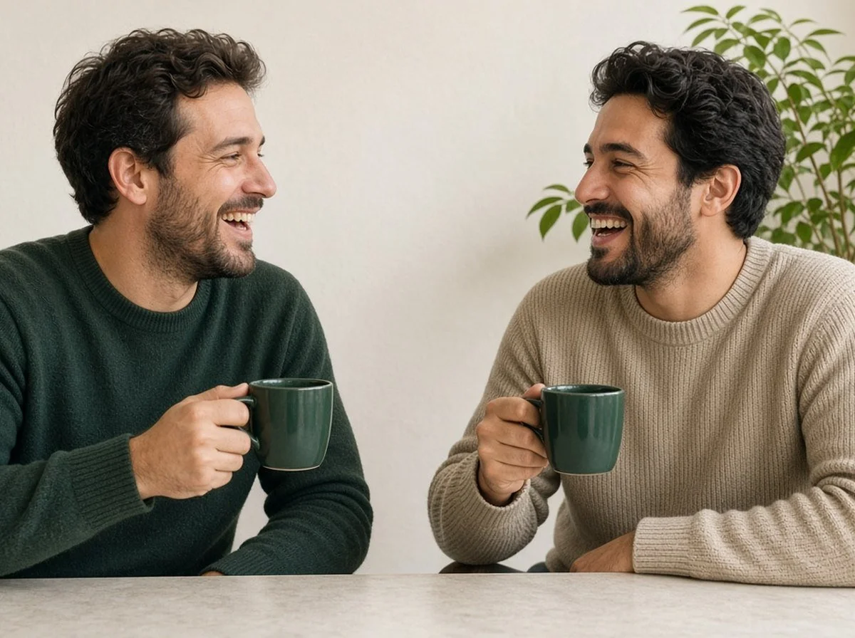 Two men talking and smiling over coffee