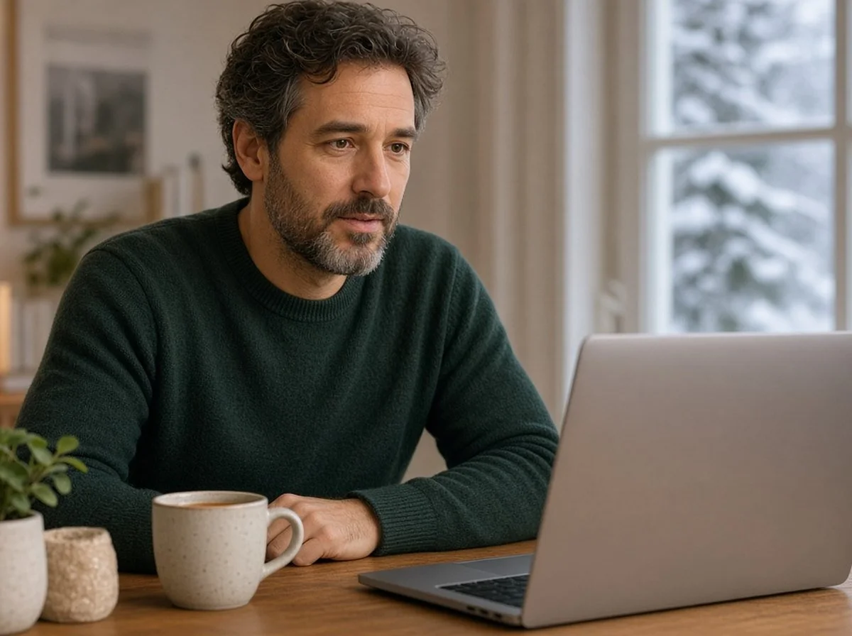 A man in an online counselling session at home on a winter day