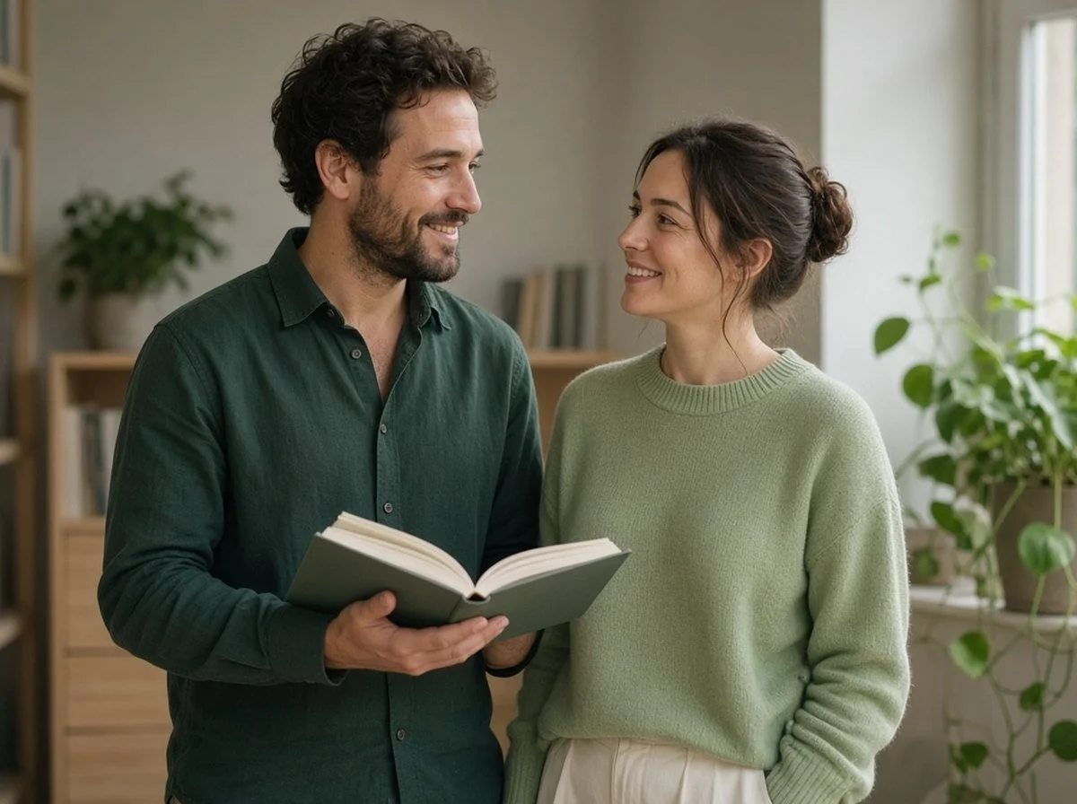 Two adults smiling while browsing a quiet bookshop