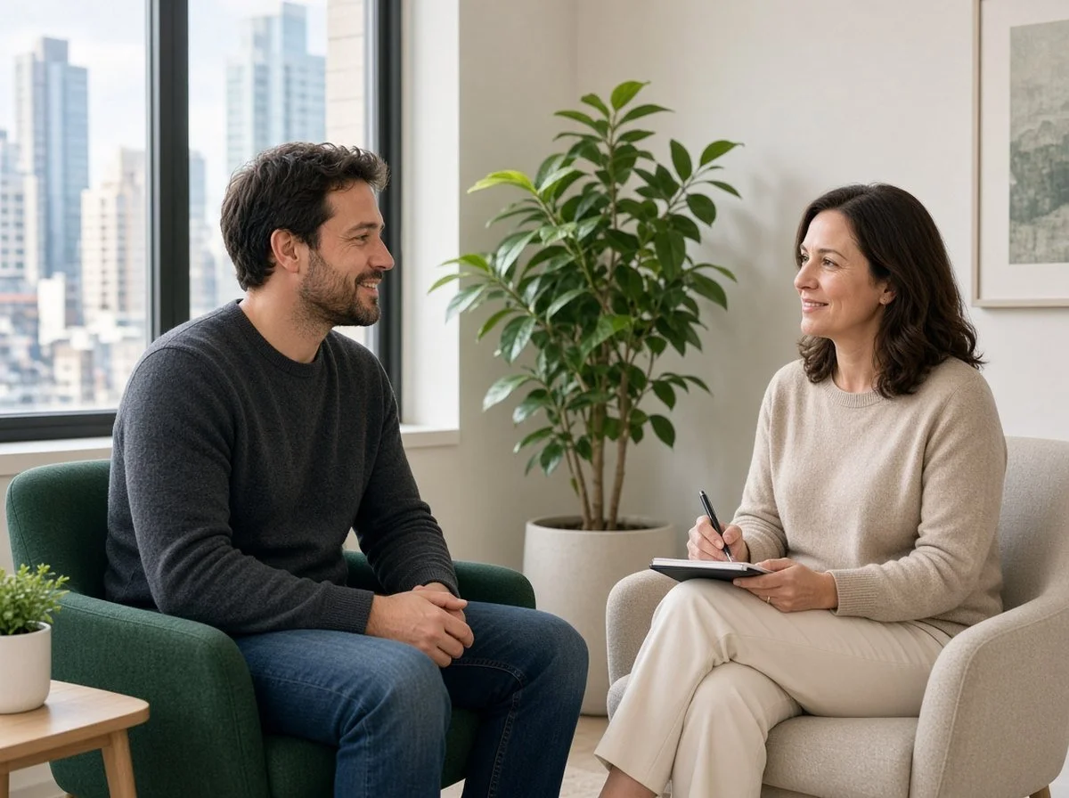 Man talking with a therapist in a bright downtown counselling office