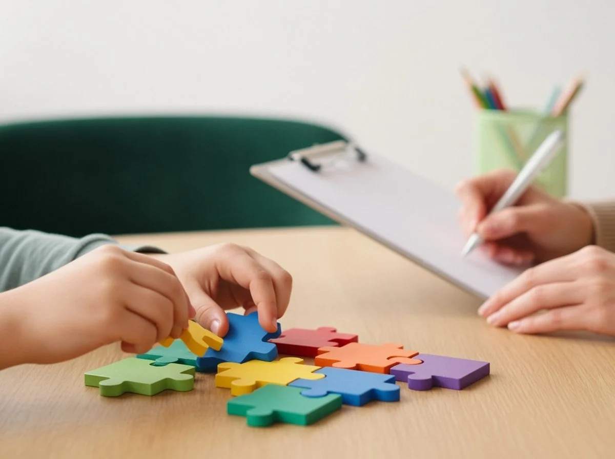 A child working on puzzle blocks during a psychoeducational assessment.
