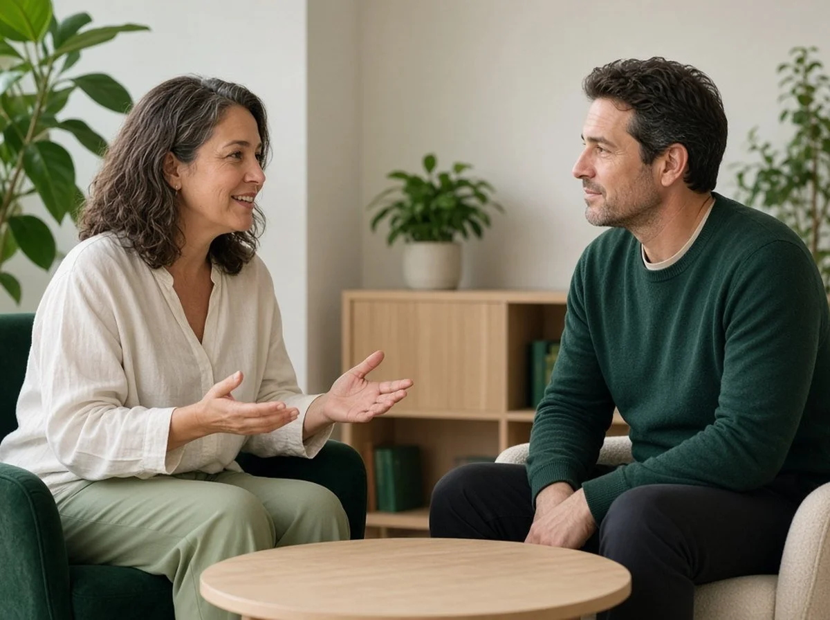 A woman in midlife talking with her therapist