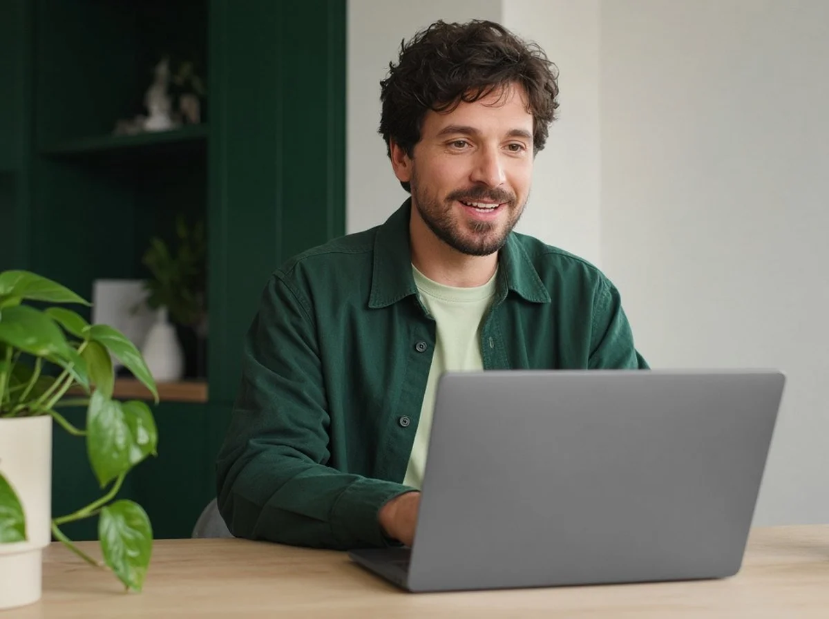 Man smiling and talking during a video session at his desk at home