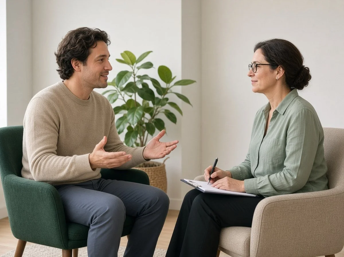 Man talking openly with a therapist in a calm office