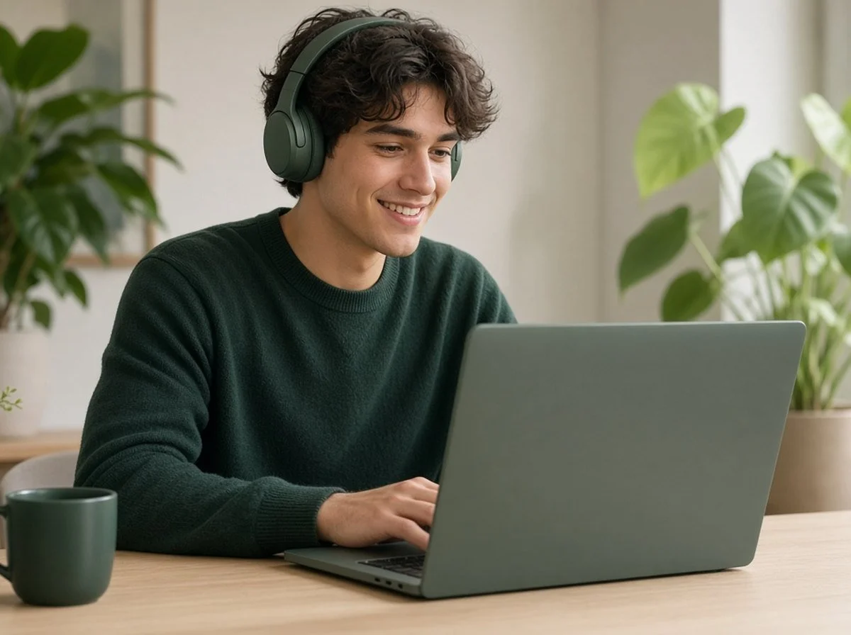 A young adult wearing headphones and smiling while working at a laptop