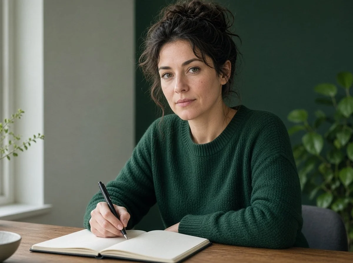 A woman at a desk writing a list in a notebook by a window