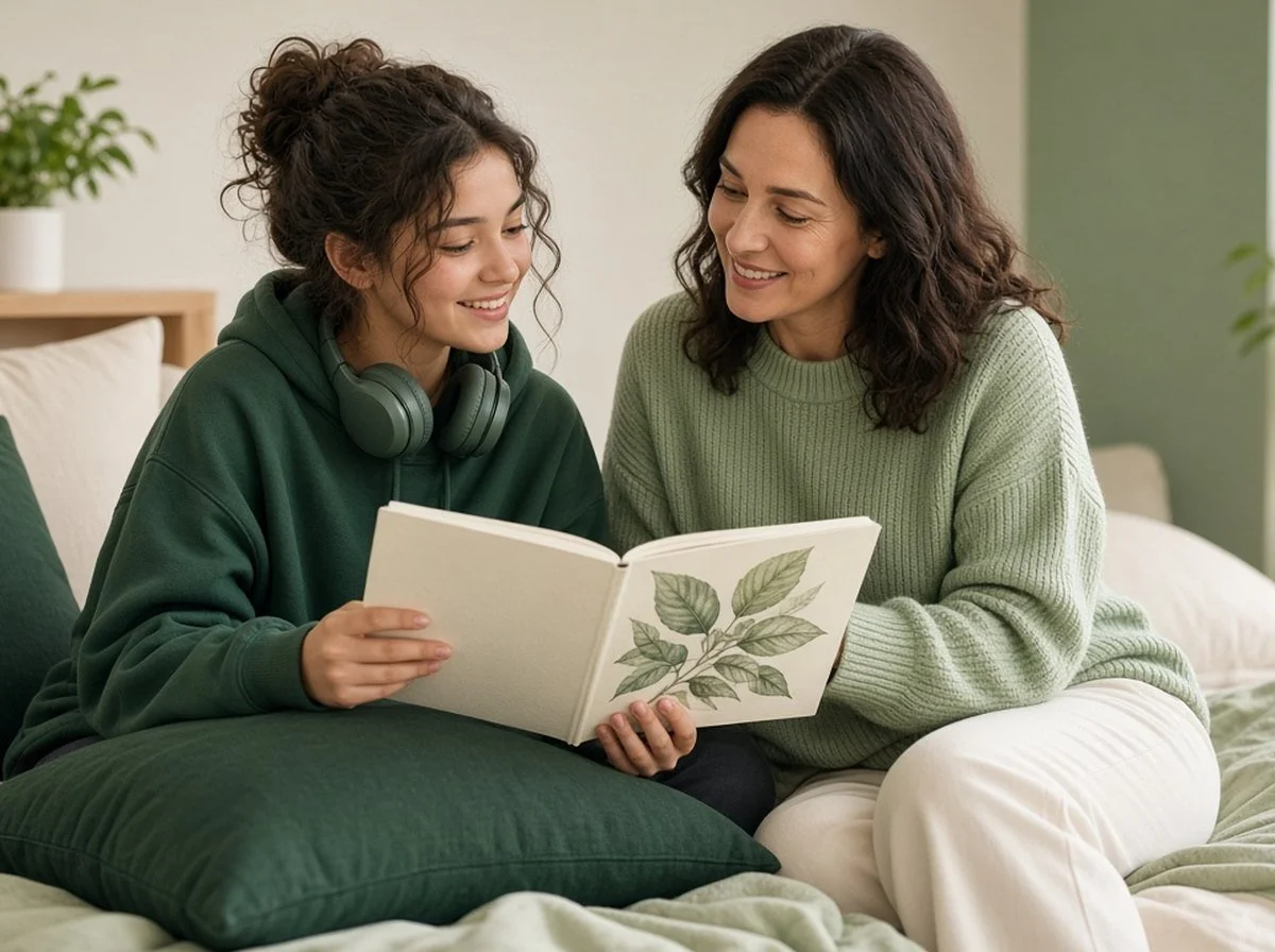 A teen showing a parent her sketchbook at home