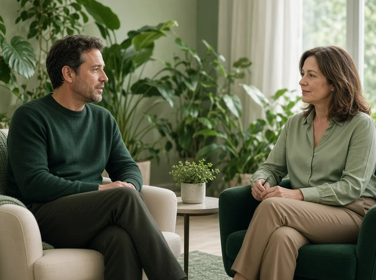 A man talking with his therapist in a bright therapy room