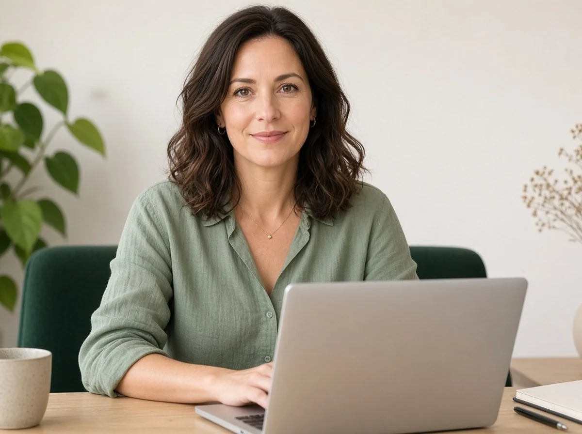 A woman smiling at her laptop during an online session, face toward the camera .