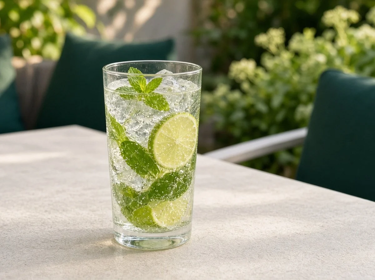 A glass of sparkling water with lime on a sunny patio table.