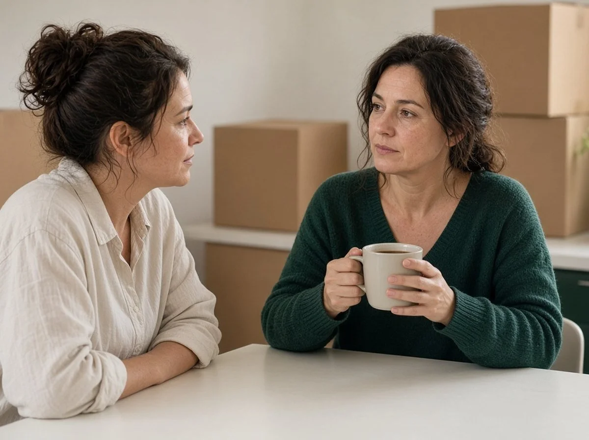 Two women talking at a table with moving boxes behind them