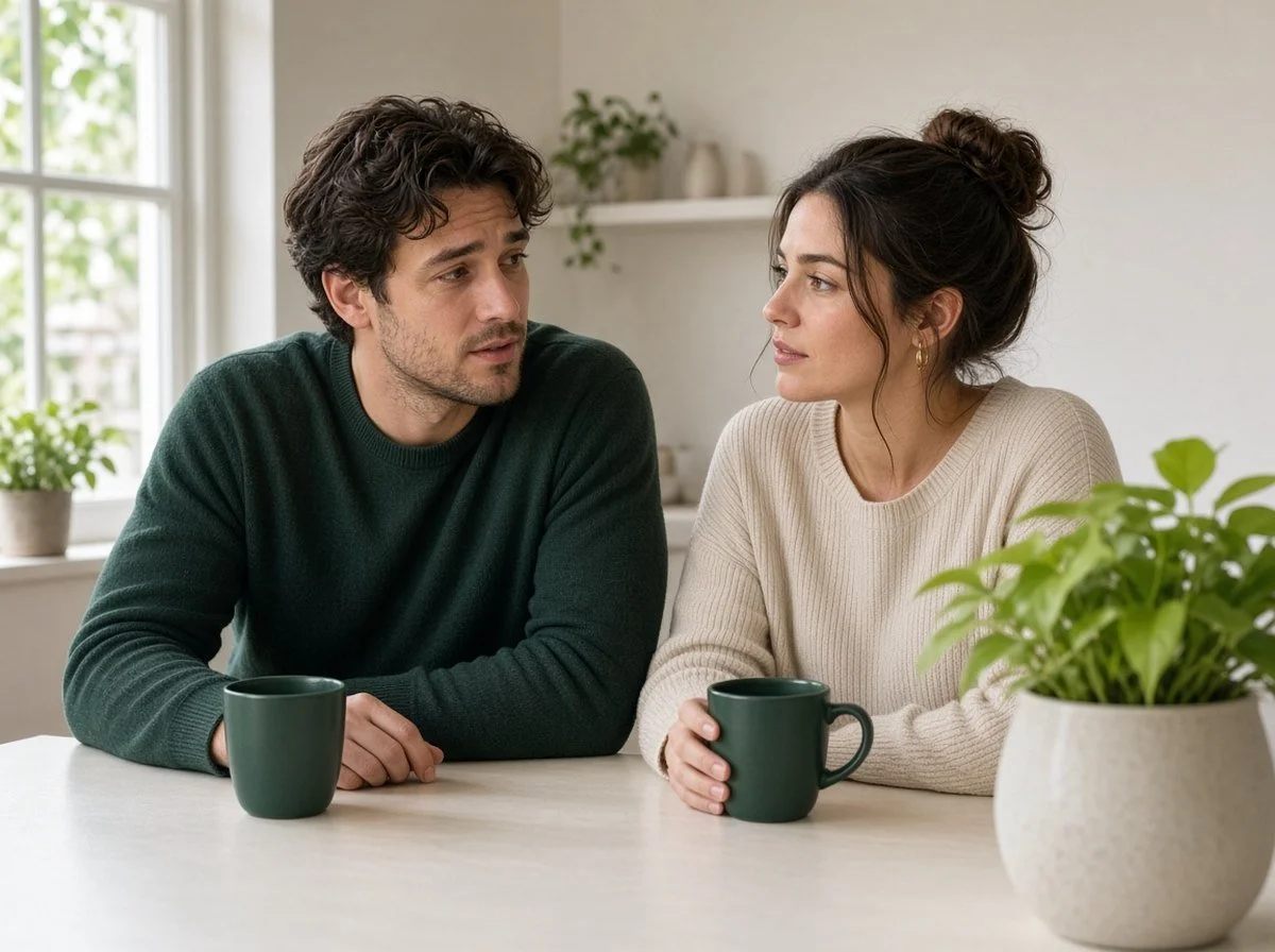 Couple at a kitchen table, one speaking earnestly while the other listens