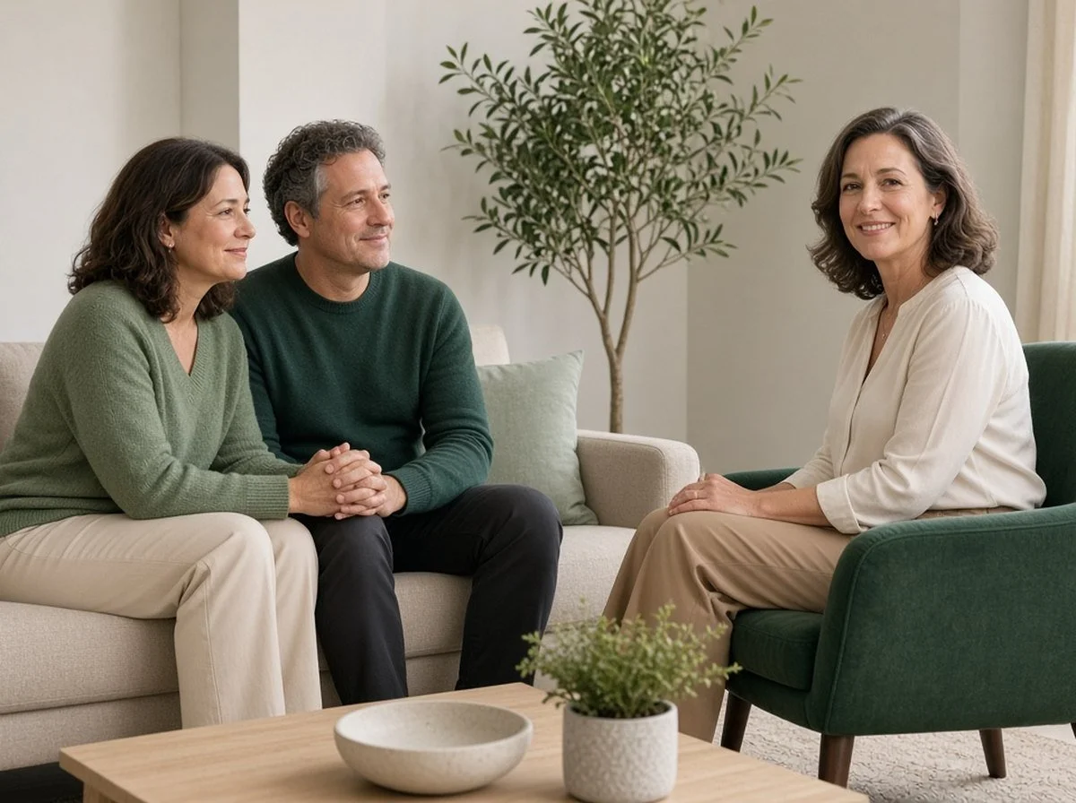 A couple holding hands while talking with a counsellor