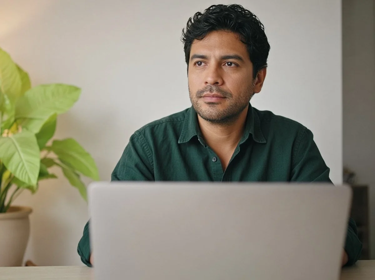 Man on a video call at home, looking reflective