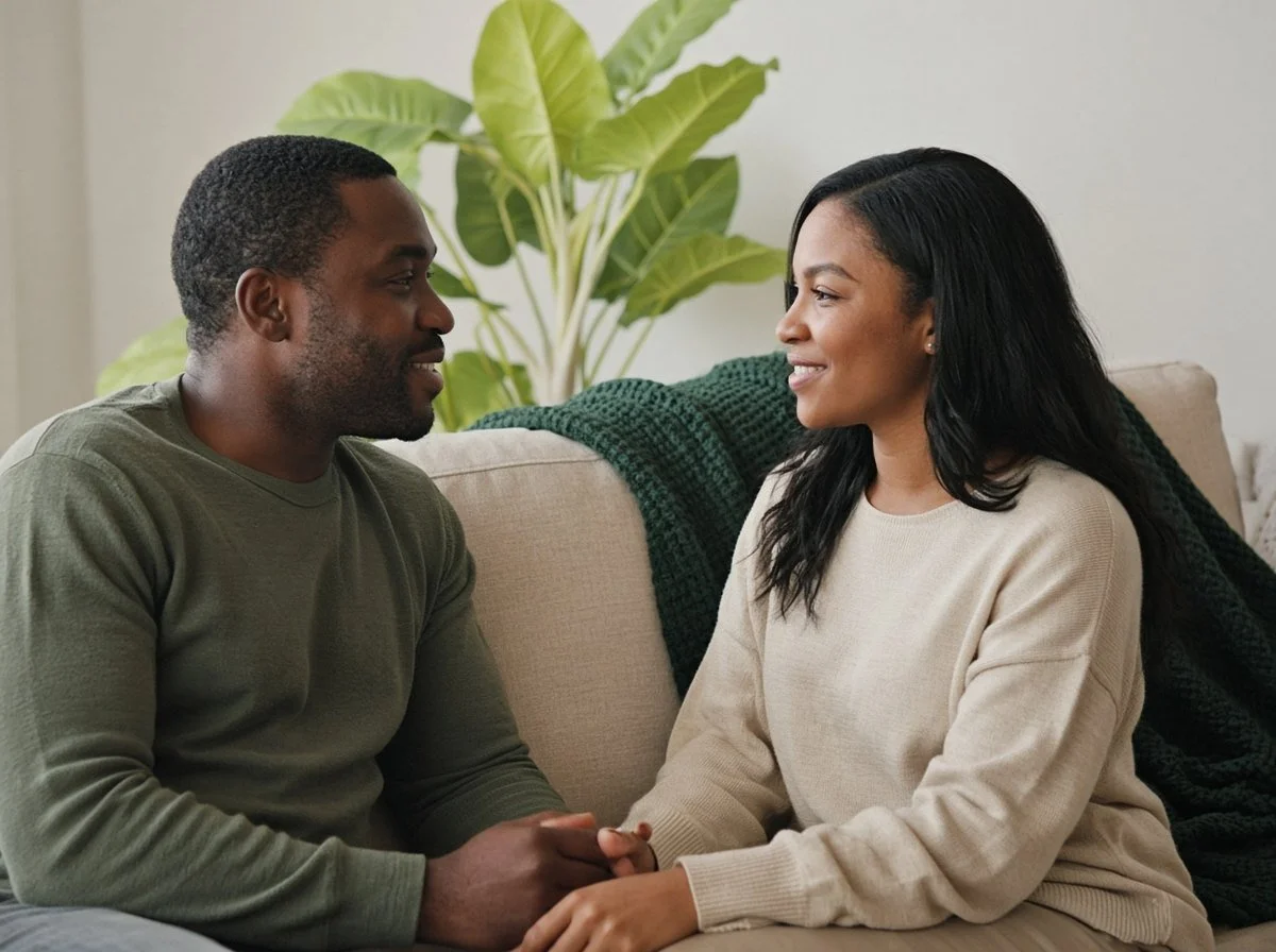 Couple sitting on a couch talking calmly and holding hands