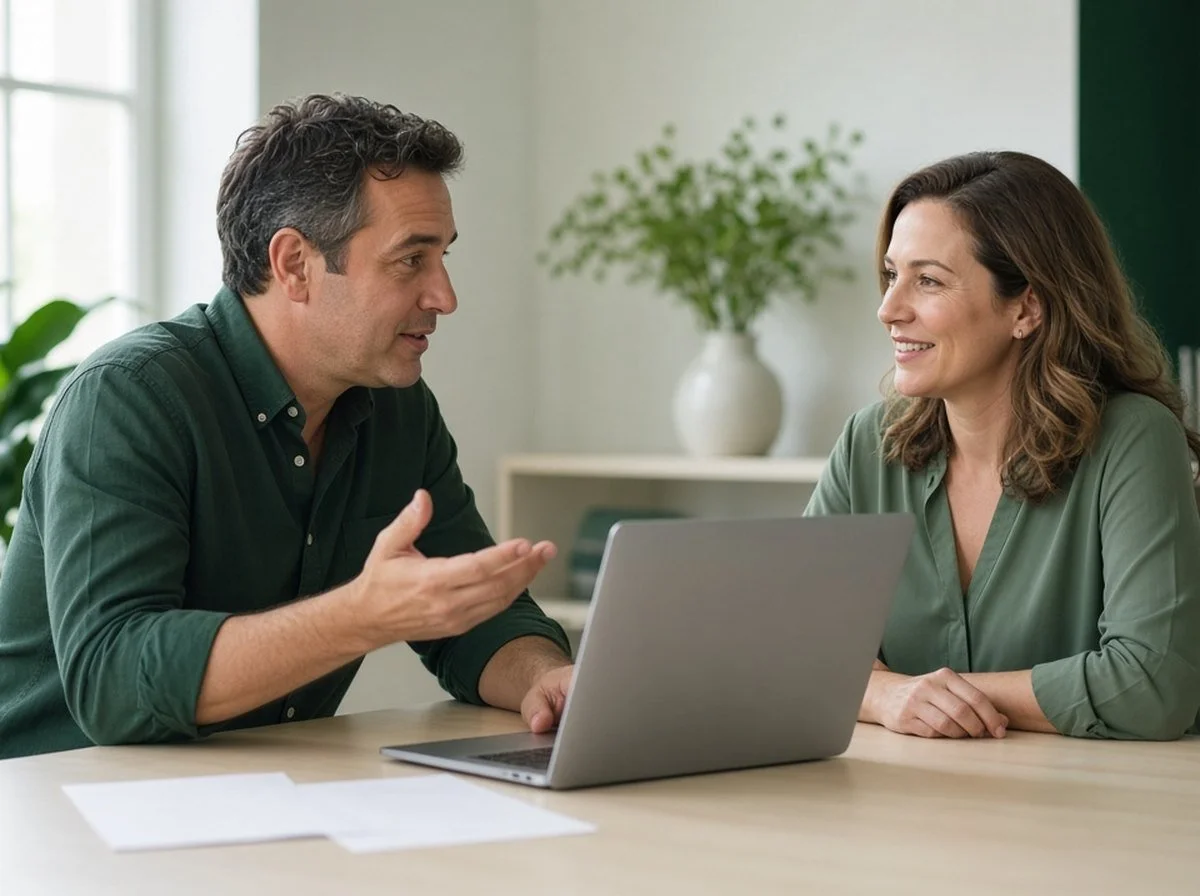 Man and a clinic team member talking across a desk in a bright office