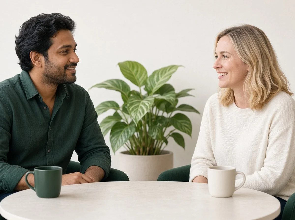 Two co-workers in a relaxed one-on-one conversation