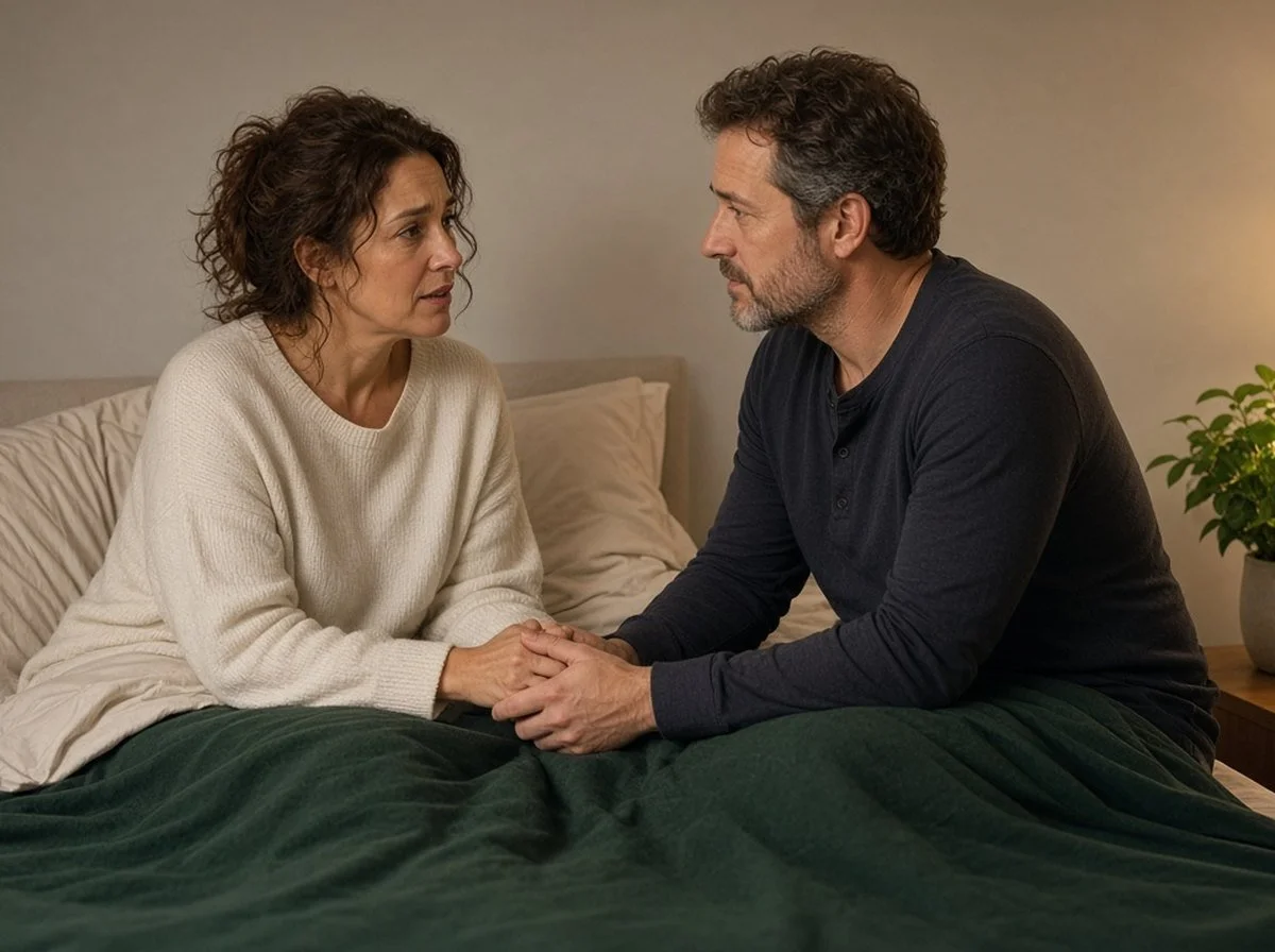 A woman sitting up in bed at night talking with her partner, who is listening and holding her hand